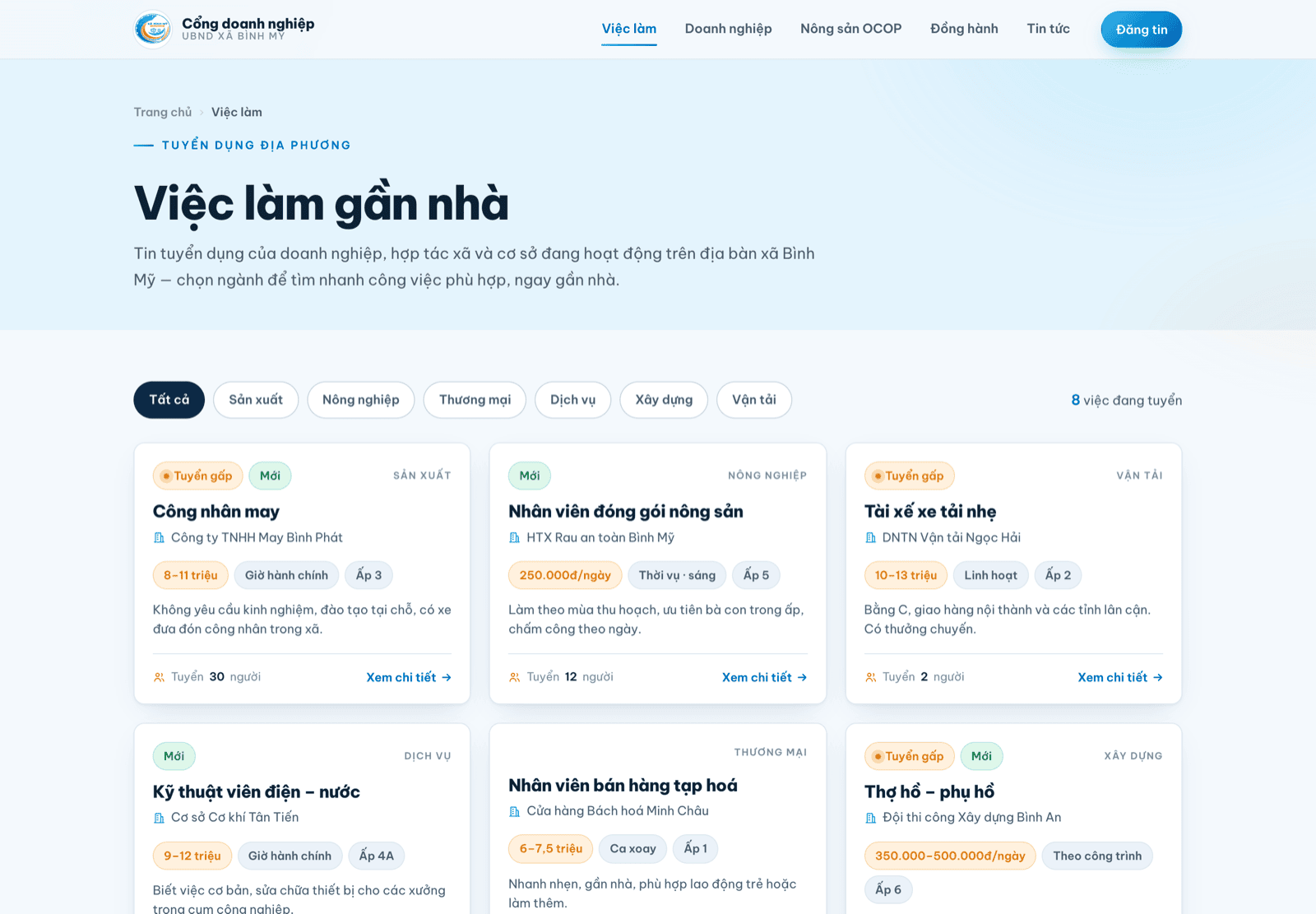 Trang danh sách việc làm với bộ lọc theo ngành