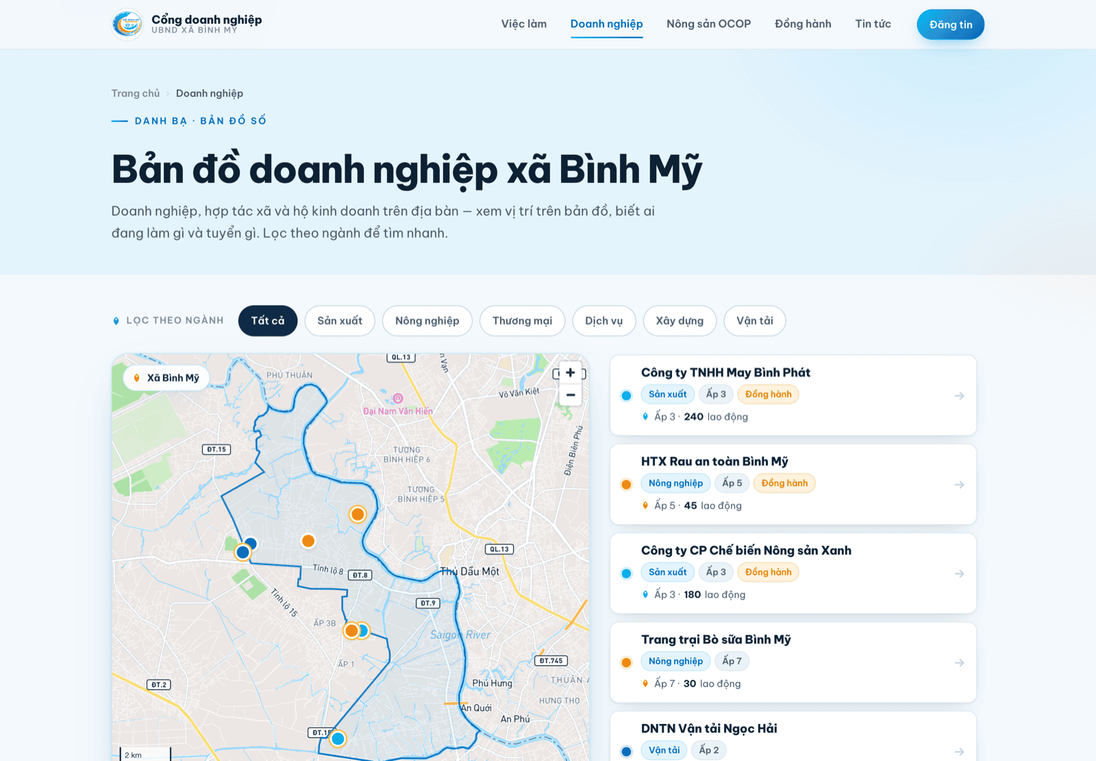 Bản đồ Mapbox thật của xã Bình Mỹ với các ghim doanh nghiệp