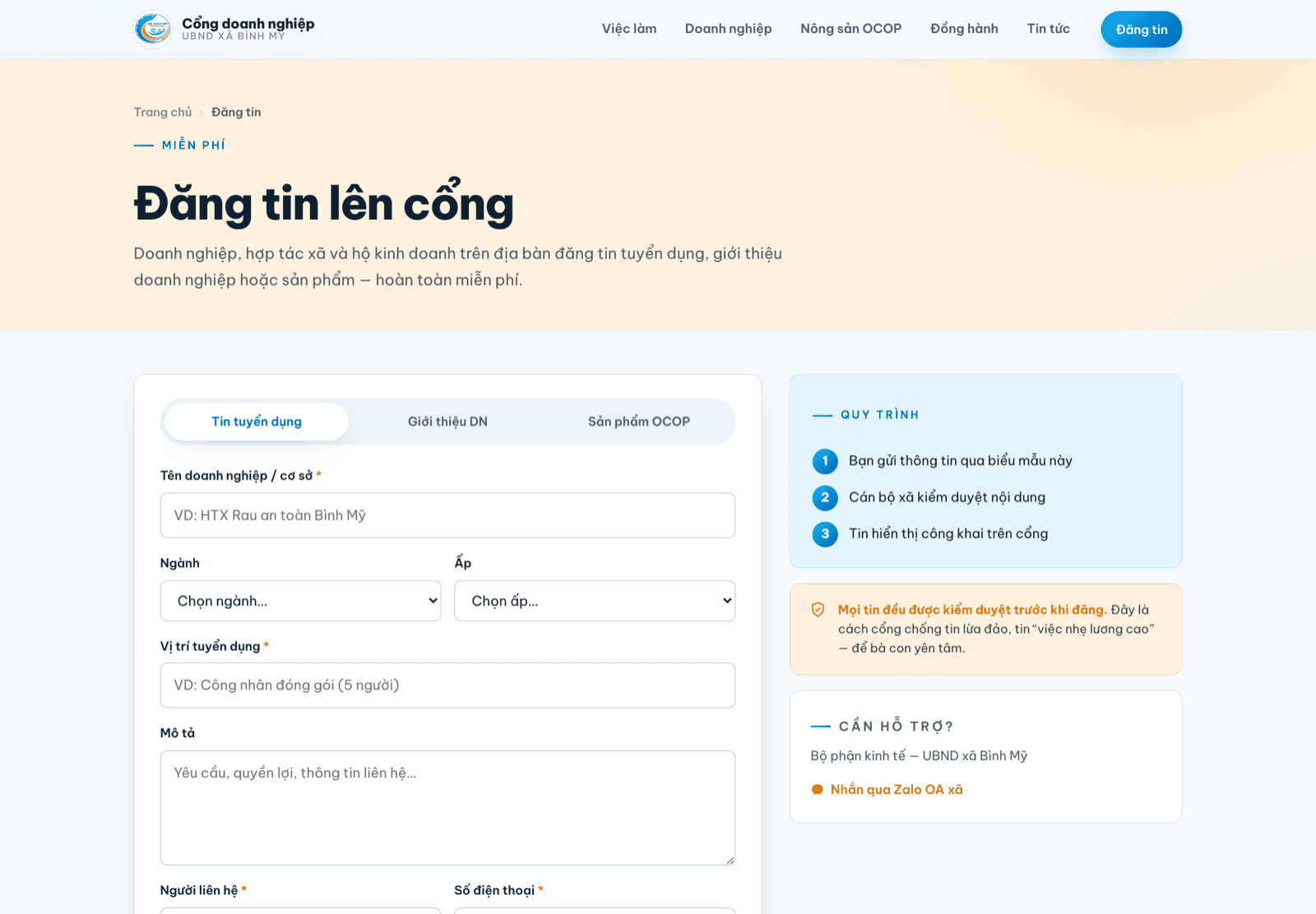Biểu mẫu đăng tin có quy trình kiểm duyệt