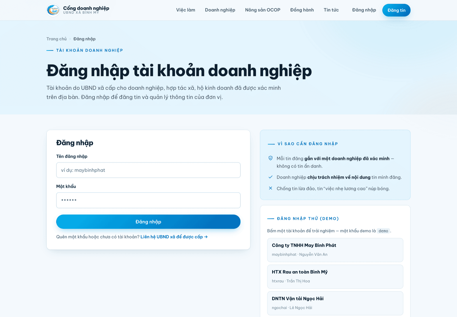 Trang đăng nhập tài khoản doanh nghiệp