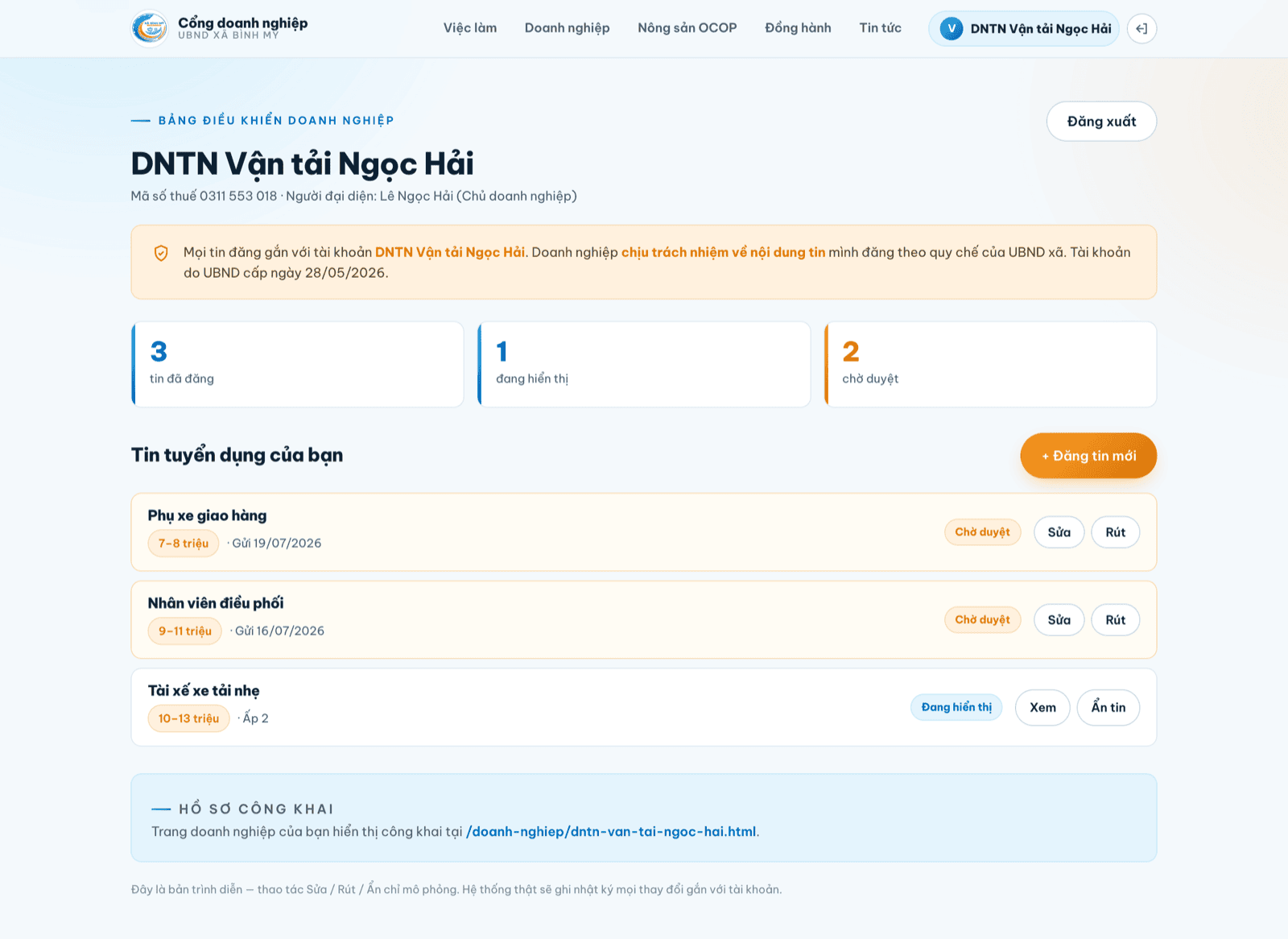 Bảng điều khiển doanh nghiệp quản lý tin đăng